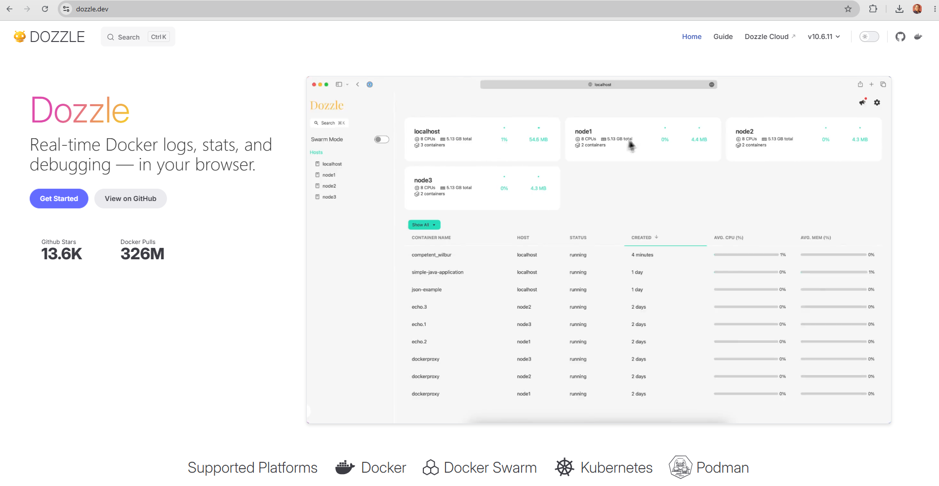 Dozzle landing page